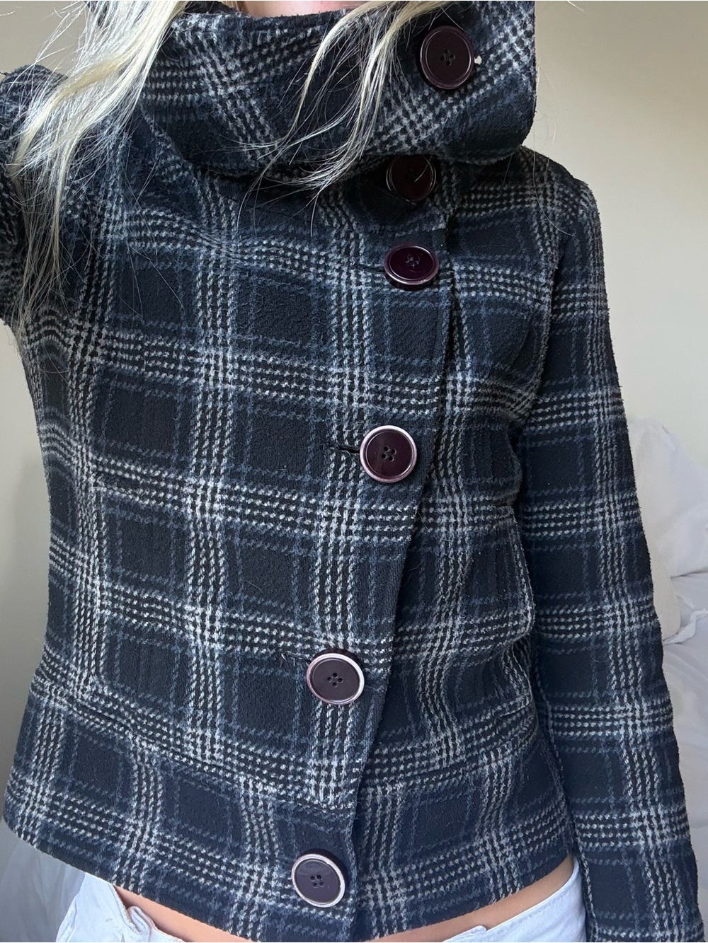 Women's Black & Gray Plaid Button-Up Pea Coat cropped with High Collar